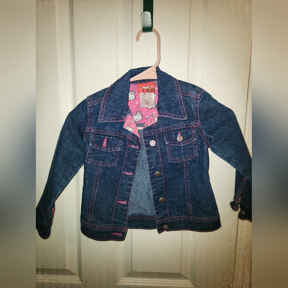 Hello Kitty Girls' Dark Blue Denim Jacket with Pink Stitching Size 4